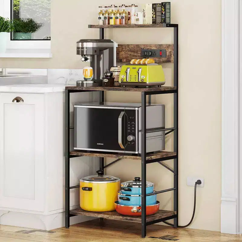 Anycoo Étagère de boulanger à 4 niveaux avec prises de courant, support de micro-ondes avec rangement, étagère de cuisine autoportante, table de bar à café, noir/marron/gris