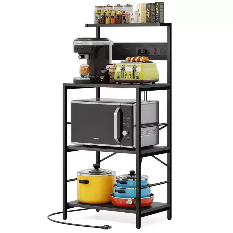 Anycoo 4-Tier Bakers Rack with Power Outlets, Microwave Stand with Storage, Freestanding Kitchen Shelf, Coffee Bar Table, Black/Brown/Gray
