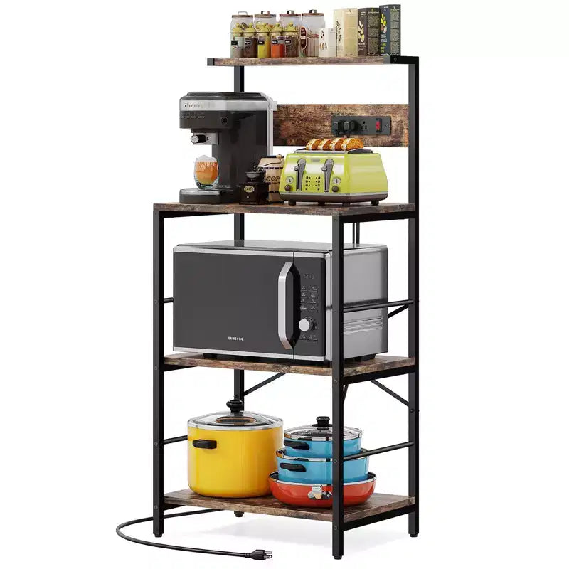 Anycoo Étagère de boulanger à 4 niveaux avec prises de courant, support de micro-ondes avec rangement, étagère de cuisine autoportante, table de bar à café, noir/marron/gris