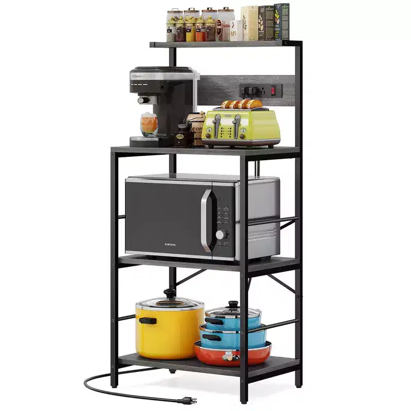 Anycoo Étagère de boulanger à 4 niveaux avec prises de courant, support de micro-ondes avec rangement, étagère de cuisine autoportante, table de bar à café, noir/marron/gris