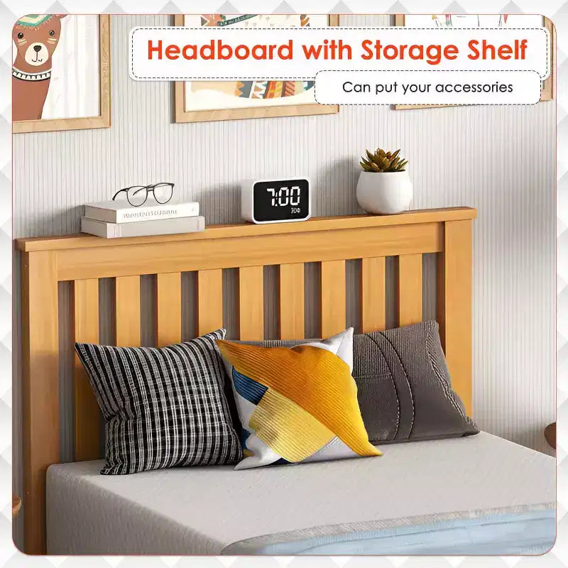 FDW Cadre de lit en bois Sommier polyvalent en bois massif avec 14 lattes en bois, sans sommier tapissier, avec tête de lit