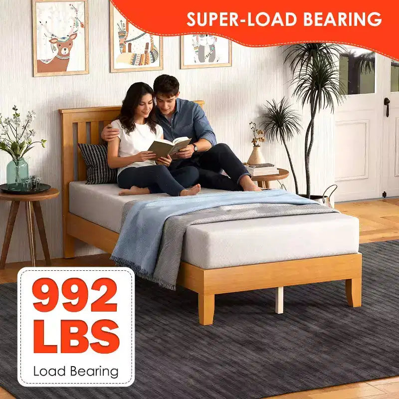 FDW Cadre de lit en bois Sommier polyvalent en bois massif avec 14 lattes en bois, sans sommier tapissier, avec tête de lit