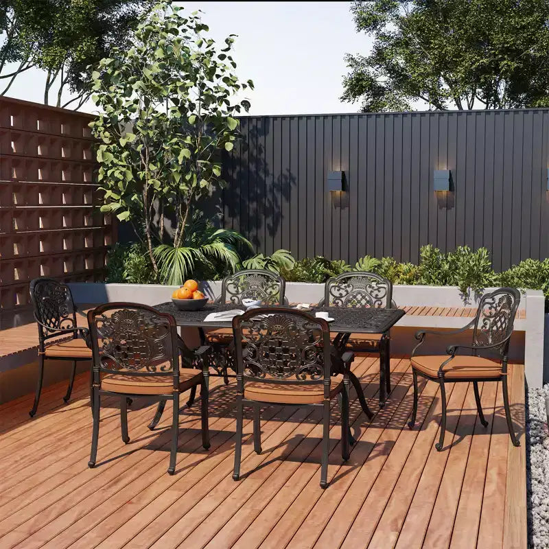 Patio Dining Set, Aluminum Outdoor Table and 6 Chairs with Removable Cushions and Umbrella Hole for Patio Deck Garden Porch