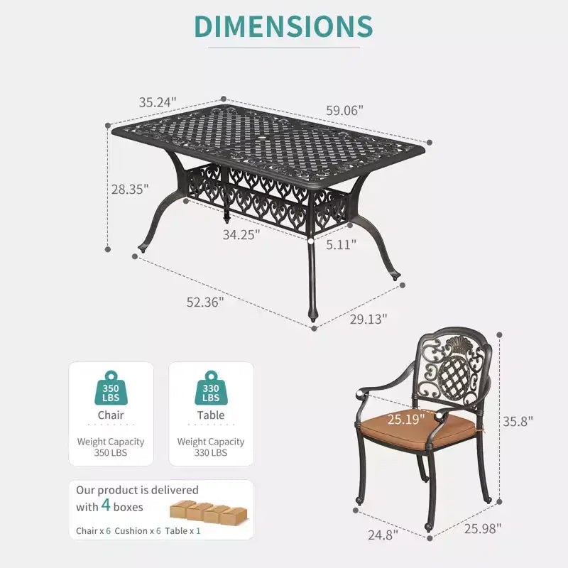 Ensemble de salle à manger de patio, table d'extérieur en aluminium et 6 chaises avec coussins amovibles et trou pour parasol pour patio, terrasse, jardin, porche
