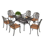 Ensemble de salle à manger de patio, table d'extérieur en aluminium et 6 chaises avec coussins amovibles et trou pour parasol pour patio, terrasse, jardin, porche