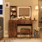 Coiffeuse avec miroir et lumières, ensemble coiffeuse avec tiroir, chaise et 3 étagères, chambre à coucher, marron