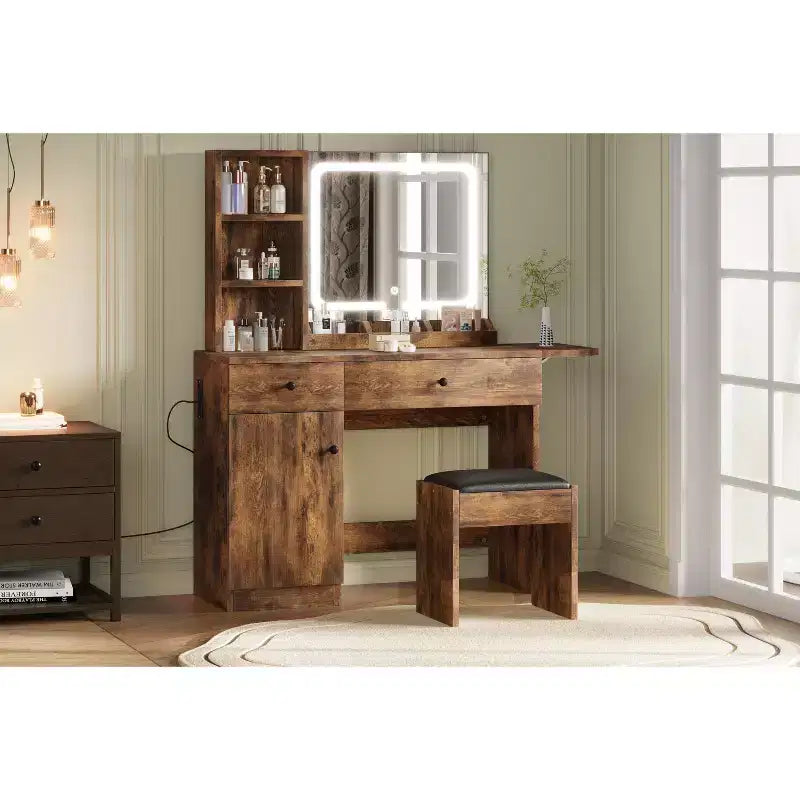 Coiffeuse avec miroir et lumières, ensemble coiffeuse avec tiroir, chaise et 3 étagères, chambre à coucher, marron