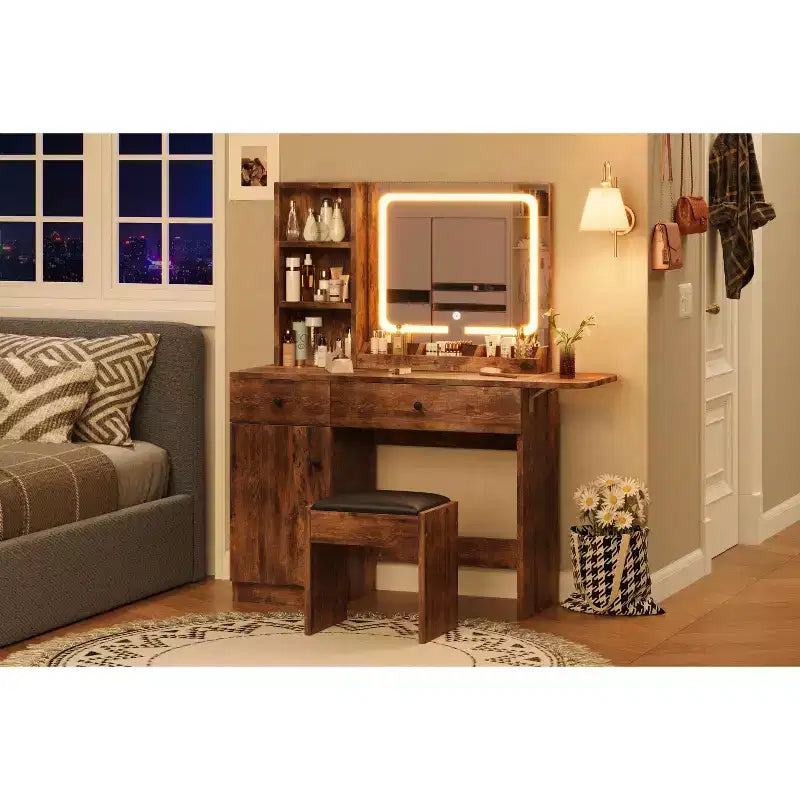 Coiffeuse avec miroir et lumières, ensemble coiffeuse avec tiroir, chaise et 3 étagères, chambre à coucher, marron