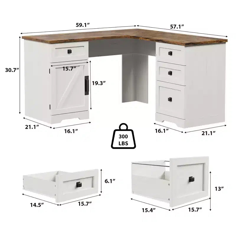 Bureau de direction en L (60) Bureau d'angle de style rustique avec tiroirs de classement et armoire de rangement réglable, idéal pour le bureau à domicile ou l'étude