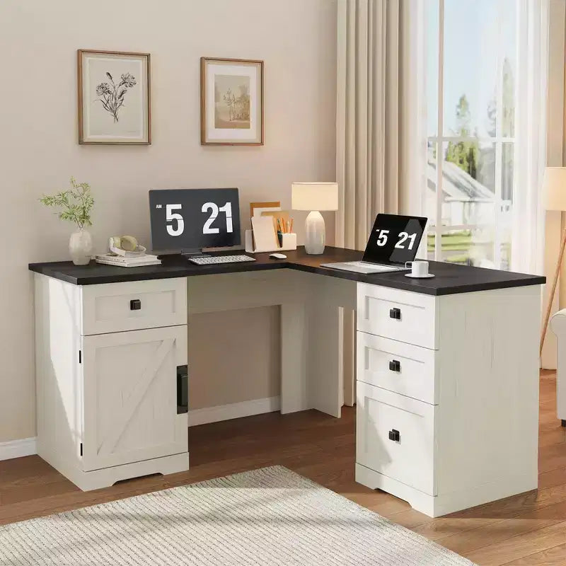 Bureau de direction en L (60) Bureau d'angle de style rustique avec tiroirs de classement et armoire de rangement réglable, idéal pour le bureau à domicile ou l'étude