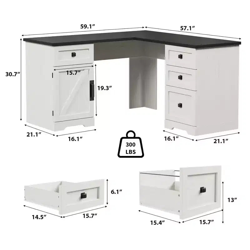 Bureau de direction en L (60) Bureau d'angle de style rustique avec tiroirs de classement et armoire de rangement réglable, idéal pour le bureau à domicile ou l'étude