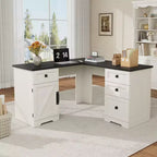 Bureau de direction en L (60) Bureau d'angle de style rustique avec tiroirs de classement et armoire de rangement réglable, idéal pour le bureau à domicile ou l'étude