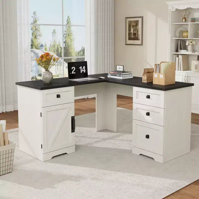 Bureau de direction en L (60) Bureau d'angle de style rustique avec tiroirs de classement et armoire de rangement réglable, idéal pour le bureau à domicile ou l'étude