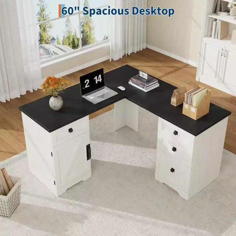 Bureau de direction en L (60) Bureau d'angle de style rustique avec tiroirs de classement et armoire de rangement réglable, idéal pour le bureau à domicile ou l'étude