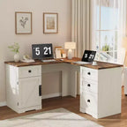 Bureau de direction en L (60) Bureau d'angle de style rustique avec tiroirs de classement et armoire de rangement réglable, idéal pour le bureau à domicile ou l'étude