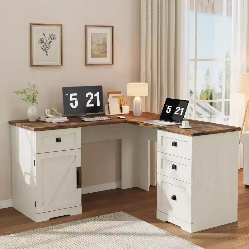 Bureau de direction en L (60) Bureau d'angle de style rustique avec tiroirs de classement et armoire de rangement réglable, idéal pour le bureau à domicile ou l'étude