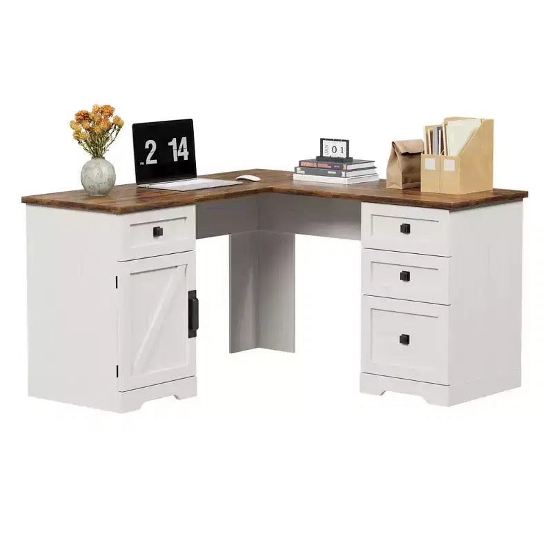 Bureau de direction en L (60) Bureau d'angle de style rustique avec tiroirs de classement et armoire de rangement réglable, idéal pour le bureau à domicile ou l'étude