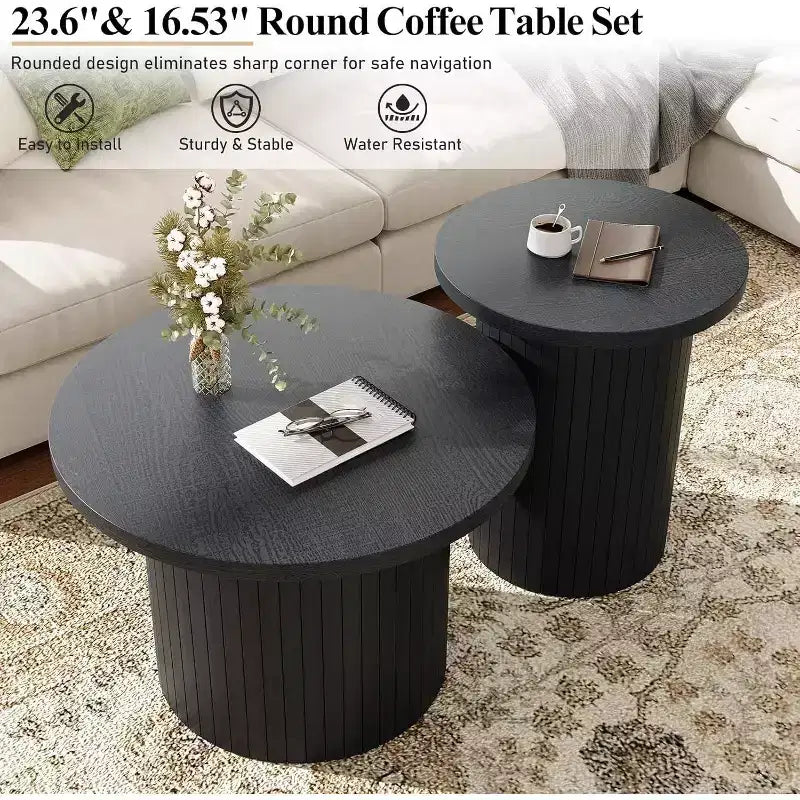 AMERLIFE Table basse gigogne rustique, tables d'appoint rondes aspect bois pour salon