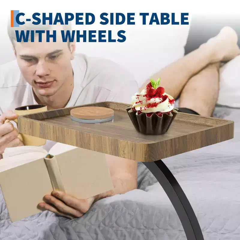 Table d'appoint avec roulettes, petite table de chevet, plateau TV rotatif à 360° en bois, pour salon, chambre à coucher
