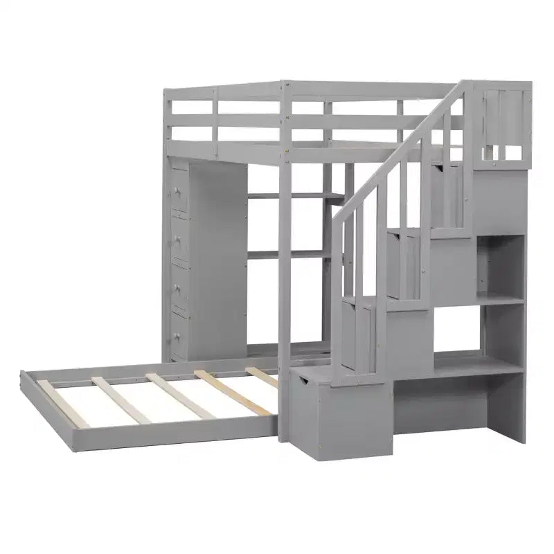Lits superposés séparables superposés en L, avec escalier de rangement, cadre de lit en bois avec 4 tiroirs et étagères pour enfants, adolescents et adultes