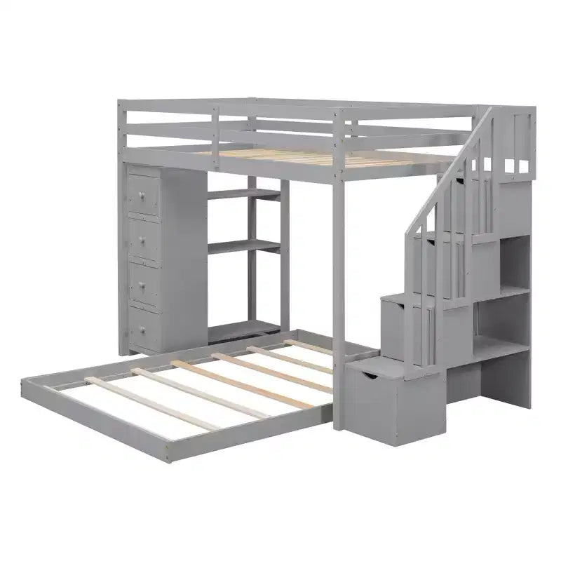 Lits superposés séparables superposés en L, avec escalier de rangement, cadre de lit en bois avec 4 tiroirs et étagères pour enfants, adolescents et adultes