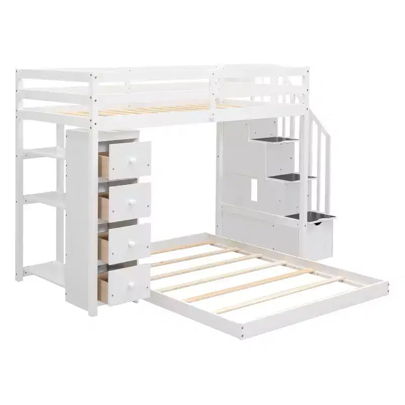 Lits superposés séparables superposés en L, avec escalier de rangement, cadre de lit en bois avec 4 tiroirs et étagères pour enfants, adolescents et adultes