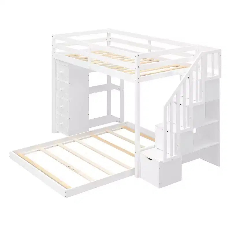 Lits superposés séparables superposés en L, avec escalier de rangement, cadre de lit en bois avec 4 tiroirs et étagères pour enfants, adolescents et adultes
