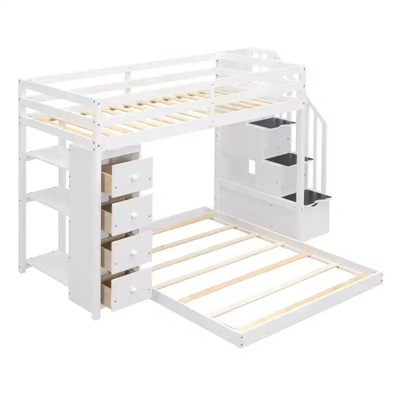 Lits superposés séparables superposés en L, avec escalier de rangement, cadre de lit en bois avec 4 tiroirs et étagères pour enfants, adolescents et adultes