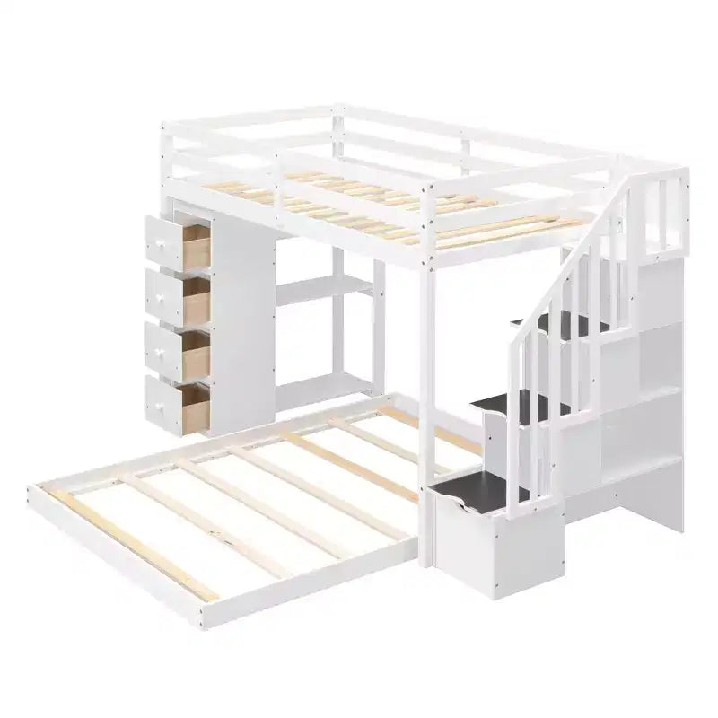 Lits superposés séparables superposés en L, avec escalier de rangement, cadre de lit en bois avec 4 tiroirs et étagères pour enfants, adolescents et adultes