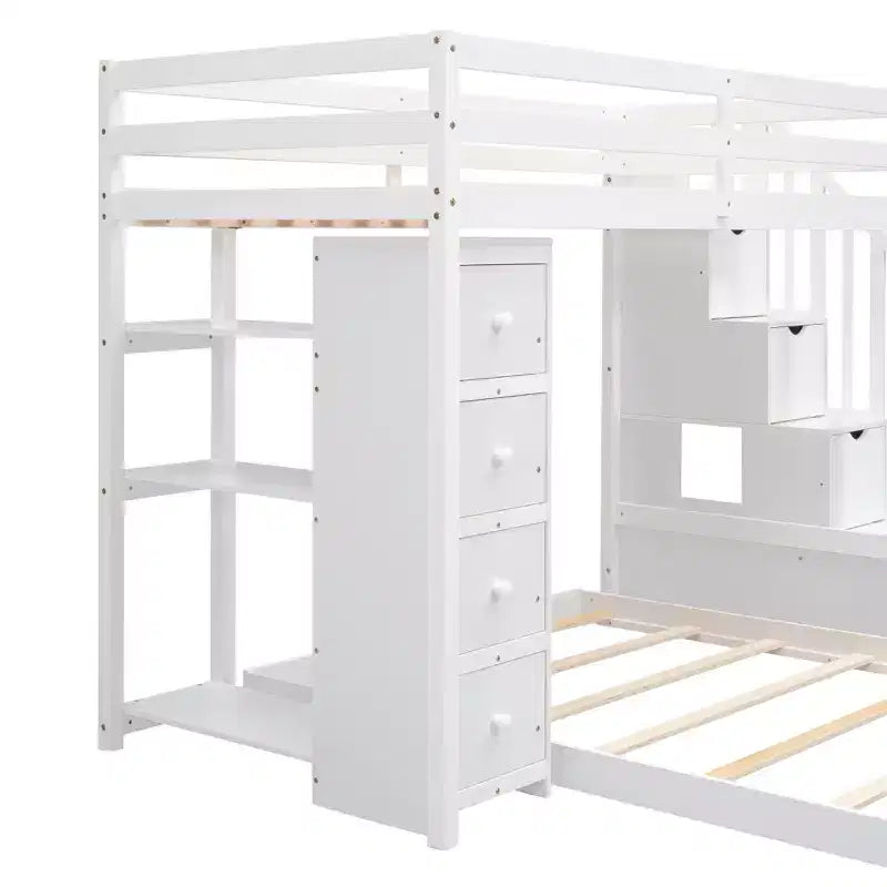 Lits superposés séparables superposés en L, avec escalier de rangement, cadre de lit en bois avec 4 tiroirs et étagères pour enfants, adolescents et adultes