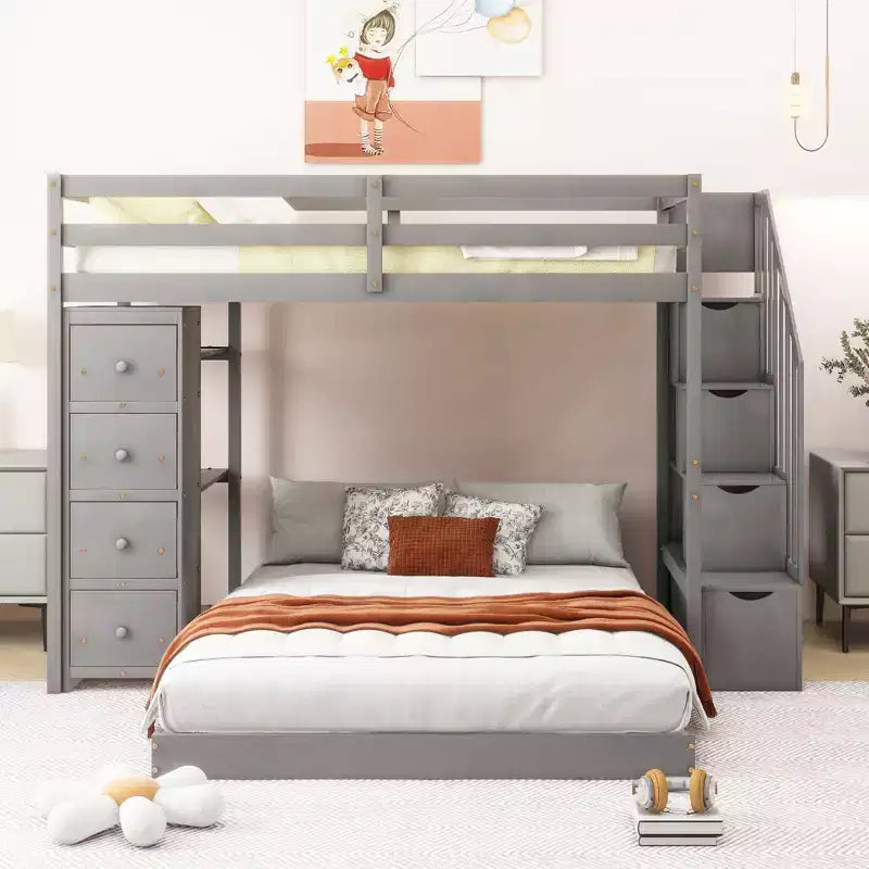 Lits superposés séparables superposés en L, avec escalier de rangement, cadre de lit en bois avec 4 tiroirs et étagères pour enfants, adolescents et adultes