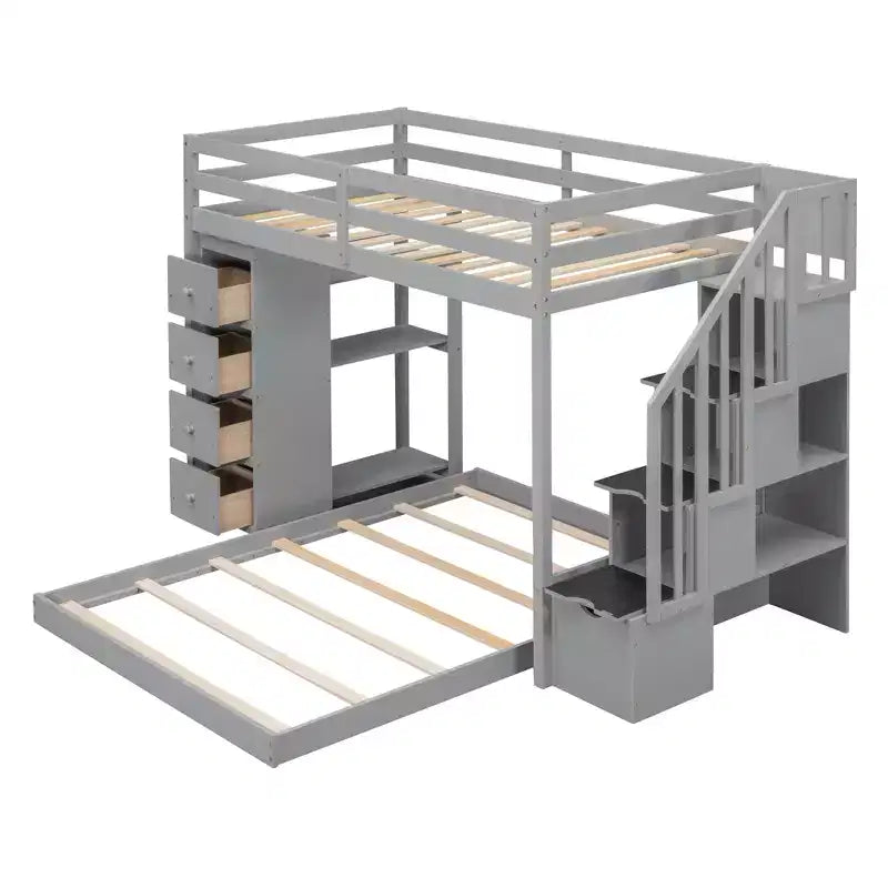 Lits superposés séparables superposés en L, avec escalier de rangement, cadre de lit en bois avec 4 tiroirs et étagères pour enfants, adolescents et adultes