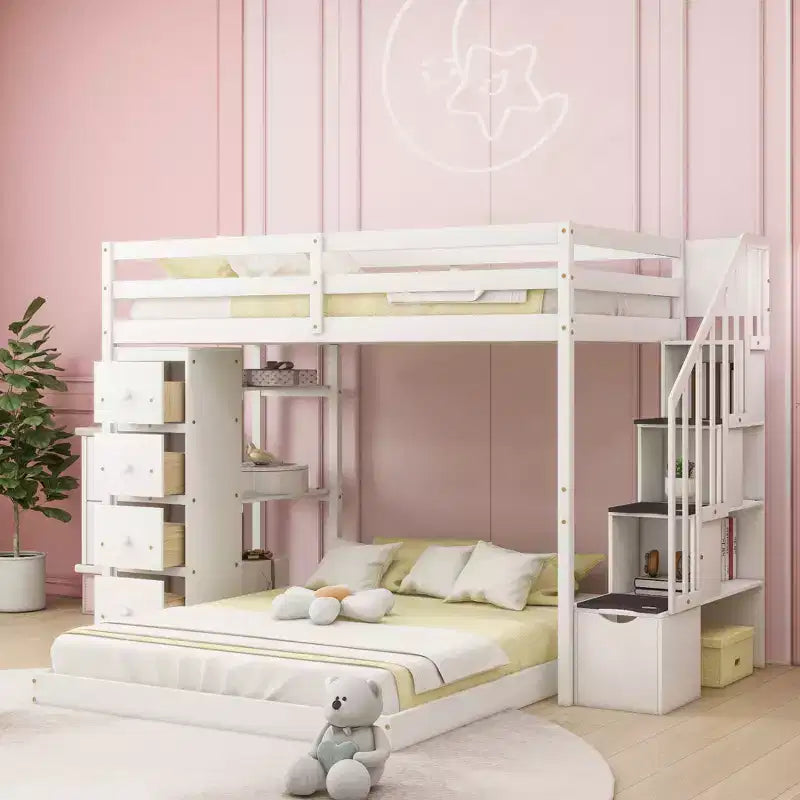 Lits superposés séparables superposés en L, avec escalier de rangement, cadre de lit en bois avec 4 tiroirs et étagères pour enfants, adolescents et adultes