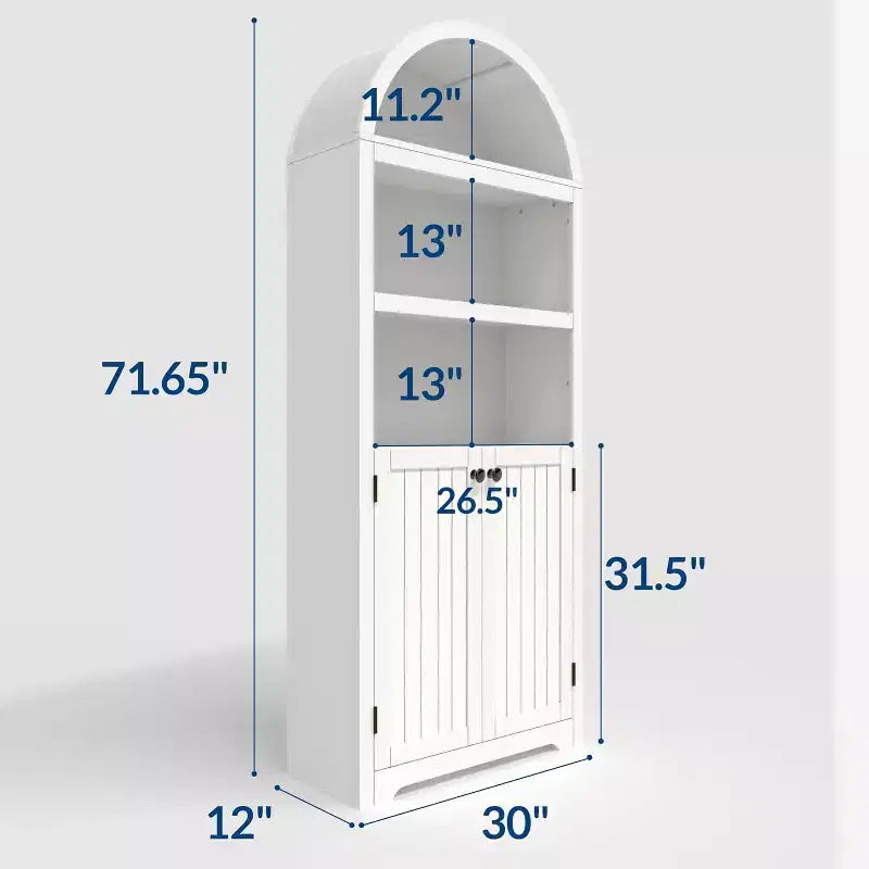 Bibliothèque de 72 pouces, bibliothèque arquée à 5 niveaux avec portes doubles et étagères réglables, fonction de rangement, adaptée au salon, à la chambre, au bureau, au bureau