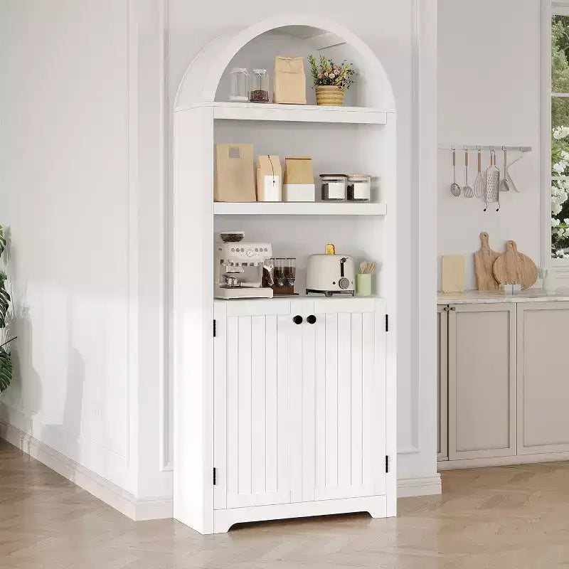 Bibliothèque de 72 pouces, bibliothèque arquée à 5 niveaux avec portes doubles et étagères réglables, fonction de rangement, adaptée au salon, à la chambre, au bureau, au bureau