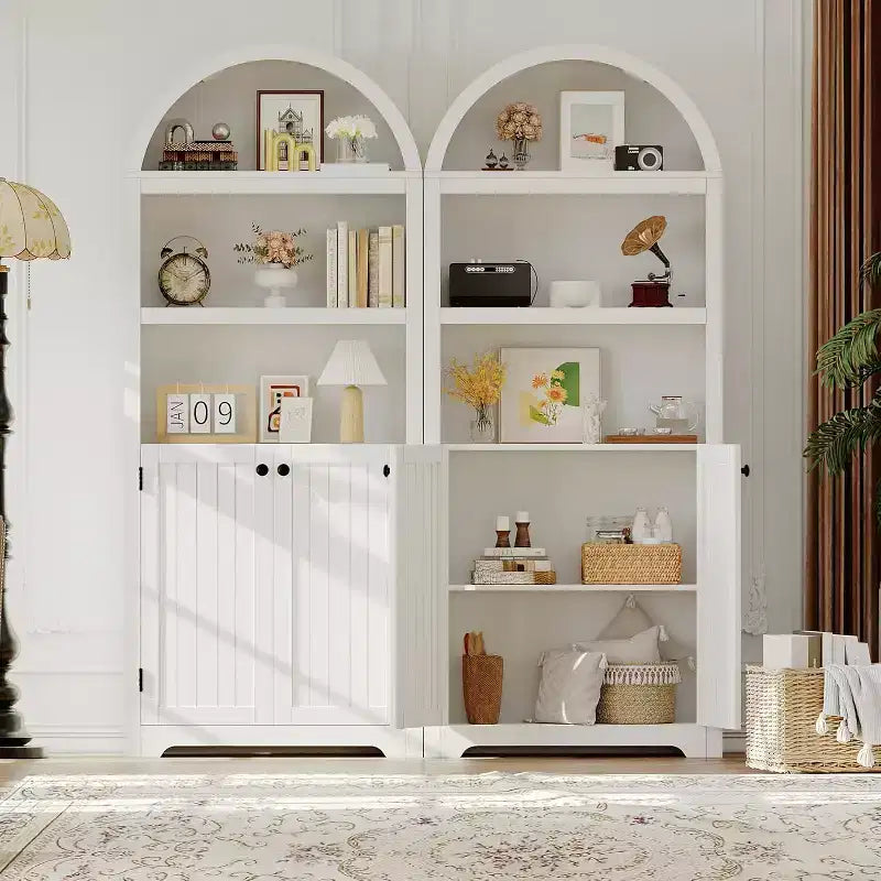 Bibliothèque de 72 pouces, bibliothèque arquée à 5 niveaux avec portes doubles et étagères réglables, fonction de rangement, adaptée au salon, à la chambre, au bureau, au bureau