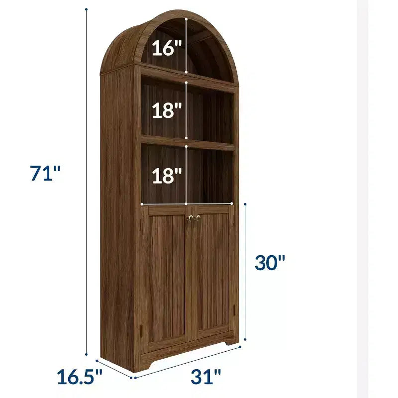 Bibliothèque de 72 pouces, bibliothèque arquée à 5 niveaux avec portes doubles et étagères réglables, fonction de rangement, adaptée au salon, à la chambre, au bureau, au bureau