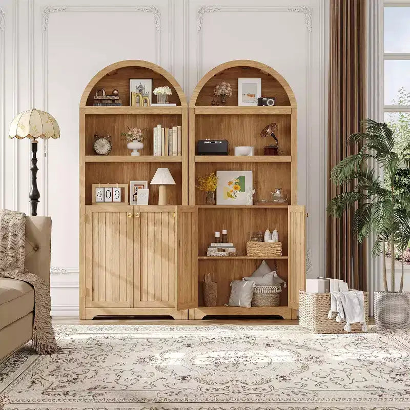 Bibliothèque de 72 pouces, bibliothèque arquée à 5 niveaux avec portes doubles et étagères réglables, fonction de rangement, adaptée au salon, à la chambre, au bureau, au bureau