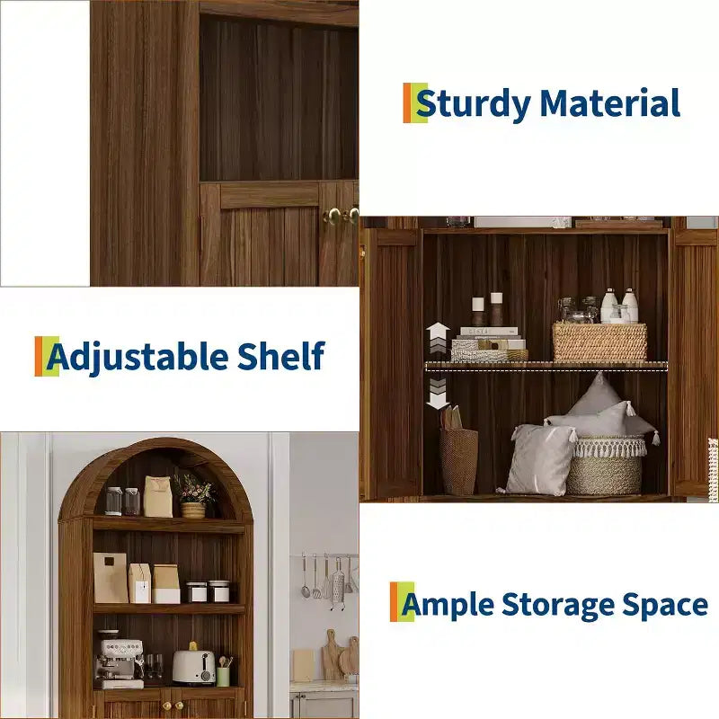 Bibliothèque de 72 pouces, bibliothèque arquée à 5 niveaux avec portes doubles et étagères réglables, fonction de rangement, adaptée au salon, à la chambre, au bureau, au bureau