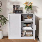 Meuble de rangement haut de 31 po en grain de bois blanc, organisateur de rangement avec 2 portes en rotin tressé pour chambre à coucher/salon/salle à manger