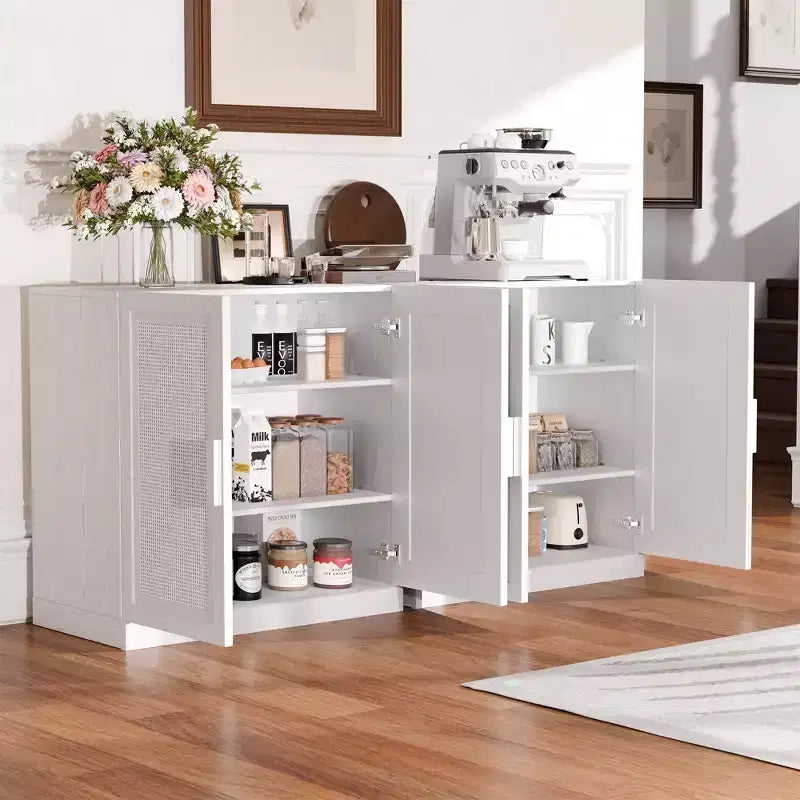 Meuble de rangement haut de 31 po en grain de bois blanc, organisateur de rangement avec 2 portes en rotin tressé pour chambre à coucher/salon/salle à manger