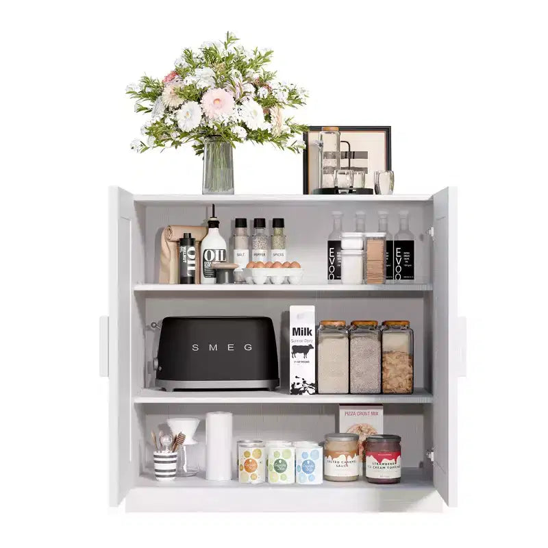 Meuble de rangement haut de 31 po en grain de bois blanc, organisateur de rangement avec 2 portes en rotin tressé pour chambre à coucher/salon/salle à manger