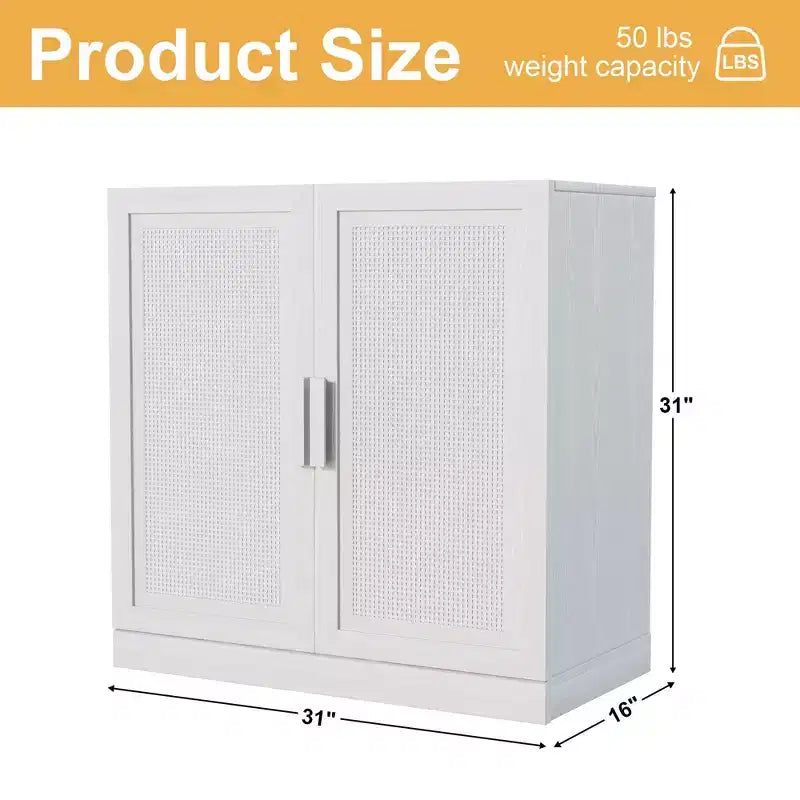 Meuble de rangement haut de 31 po en grain de bois blanc, organisateur de rangement avec 2 portes en rotin tressé pour chambre à coucher/salon/salle à manger