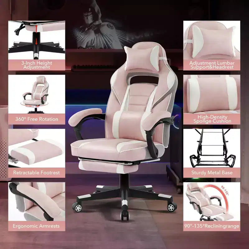 Chaise de bureau rose fleur de cerisier avec repose-pieds, chaise d'ordinateur ergonomique avec support lombaire et appui-tête, base pivotante à 360° et chaises de direction réglables en hauteur