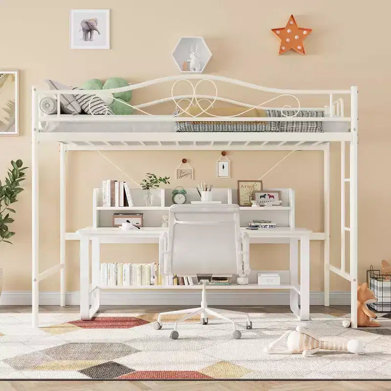 Lit mezzanine double avec échelle et garde-corps de sécurité intégral, lit mezzanine double en métal robuste de 180 kg de capacité de charge, peu encombrant