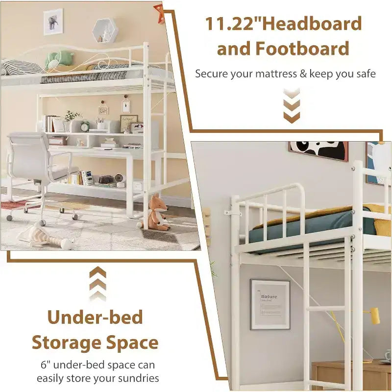Lit mezzanine double avec échelle et garde-corps de sécurité intégral, lit mezzanine double en métal robuste de 180 kg de capacité de charge, peu encombrant