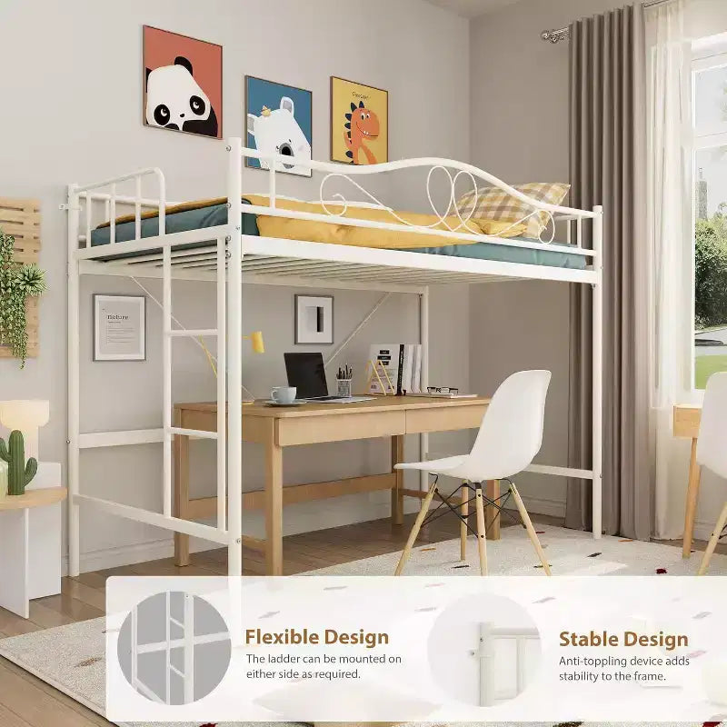 Lit mezzanine double avec échelle et garde-corps de sécurité intégral, lit mezzanine double en métal robuste de 180 kg de capacité de charge, peu encombrant