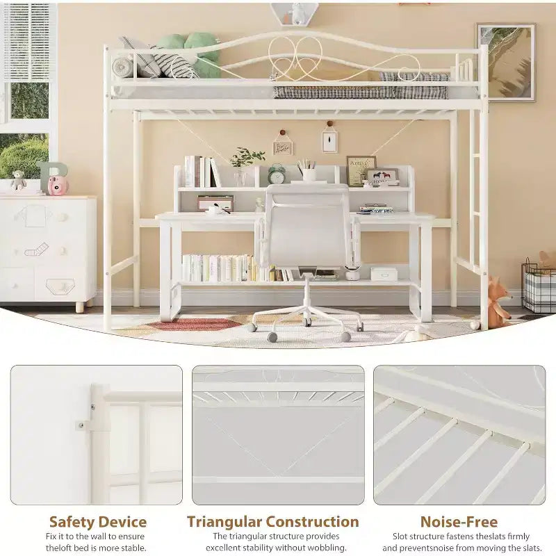 Lit mezzanine double avec échelle et garde-corps de sécurité intégral, lit mezzanine double en métal robuste de 180 kg de capacité de charge, peu encombrant