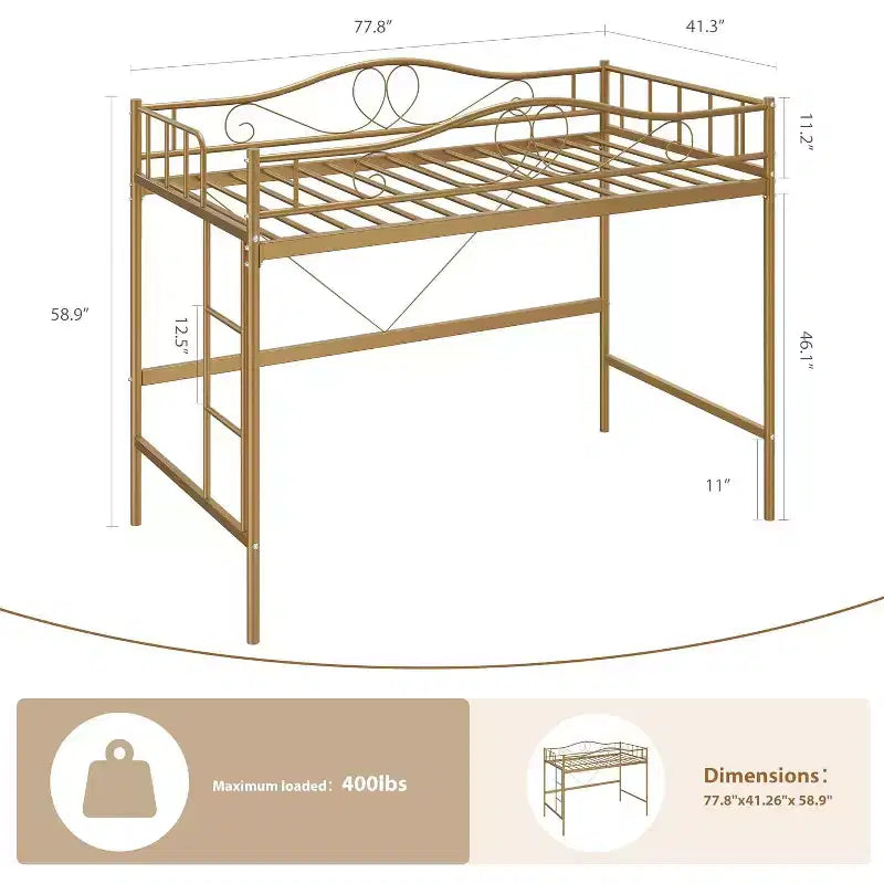Lit mezzanine double avec échelle et garde-corps de sécurité intégral, lit mezzanine double en métal robuste de 180 kg de capacité de charge, peu encombrant