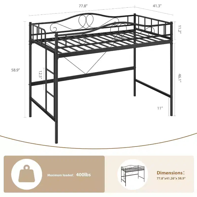Lit mezzanine double avec échelle et garde-corps de sécurité intégral, lit mezzanine double en métal robuste de 180 kg de capacité de charge, peu encombrant